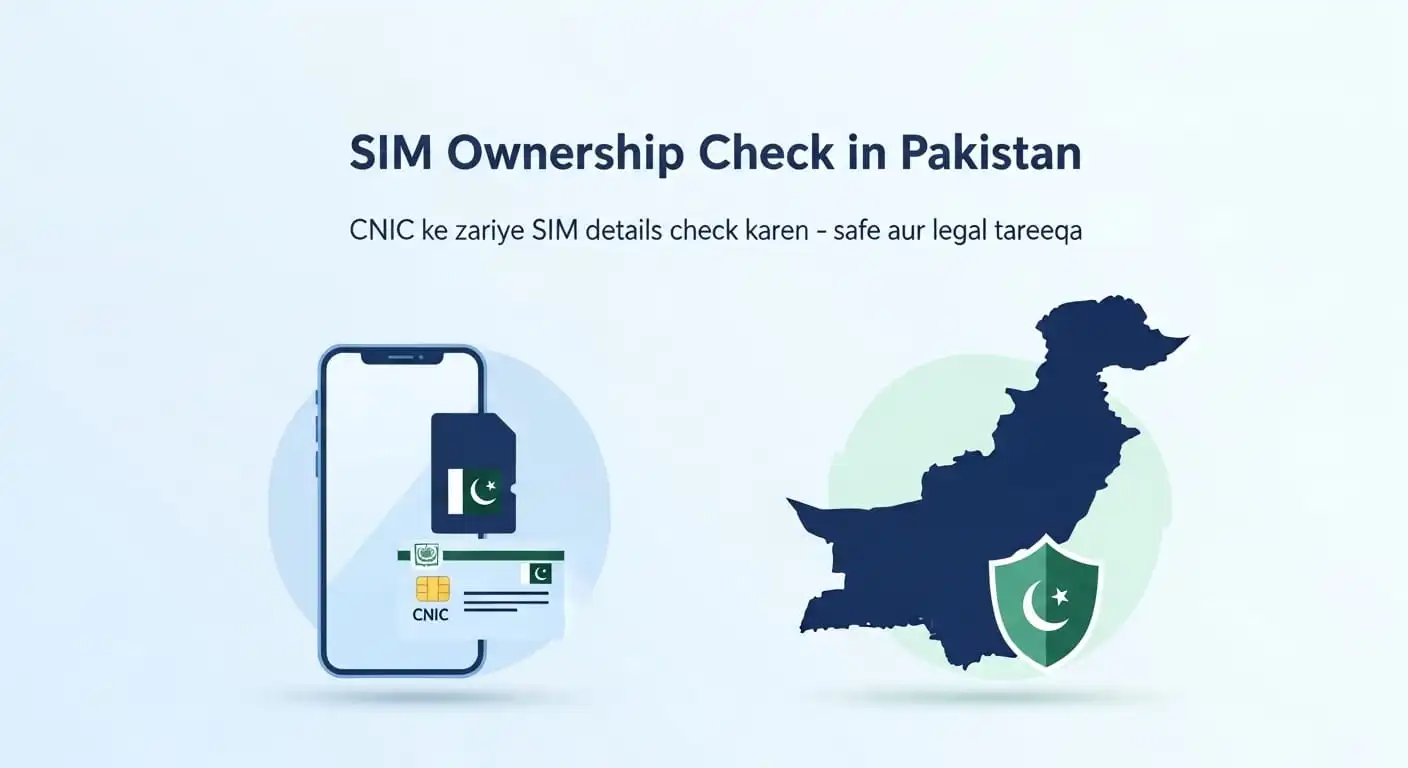 SIM Ownership Check in Pakistan using CNIC, showing mobile phone, SIM card verification, and secure telecom identification process