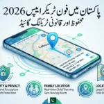 Phone tracker apps Pakistan showing mobile location tracking map, GPS pin on Lahore, and security features like privacy protection and family tracking guide