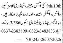 Rabta Career Children School requires English, Math, Science and Urdu teachers