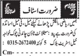 Teacher Jobs in Quetta for Male and Female – Urdu job advertisement for Math and English teachers in Sultan Town, Quetta.